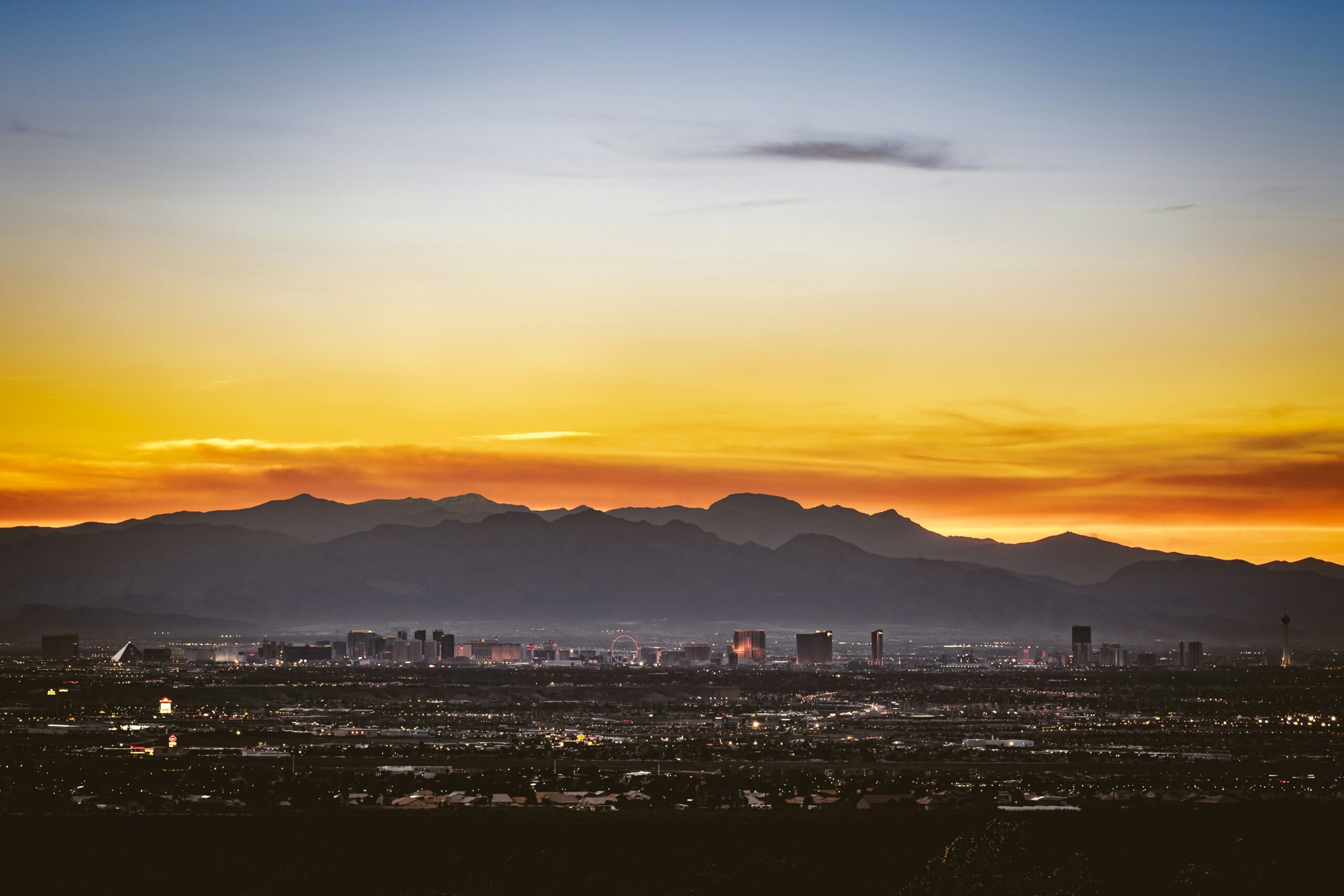 Las Vegas skyline at sunset viewed from off the Strip near Las Vegas RV Resort